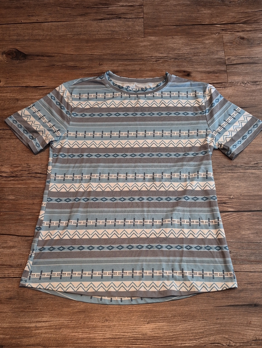 Women’s Short-Sleeve Crewneck Tee in Blue and White Aztec Stripe